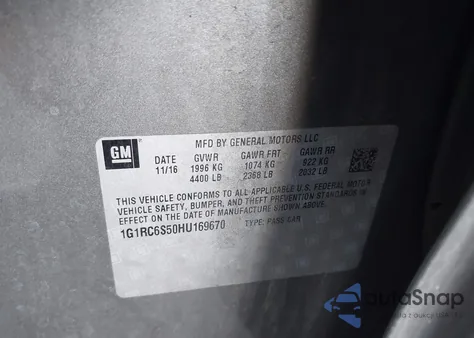 2017 Chevrolet Volt Lt из США, поврежденный, VIN 1G1RC6S50HU169670